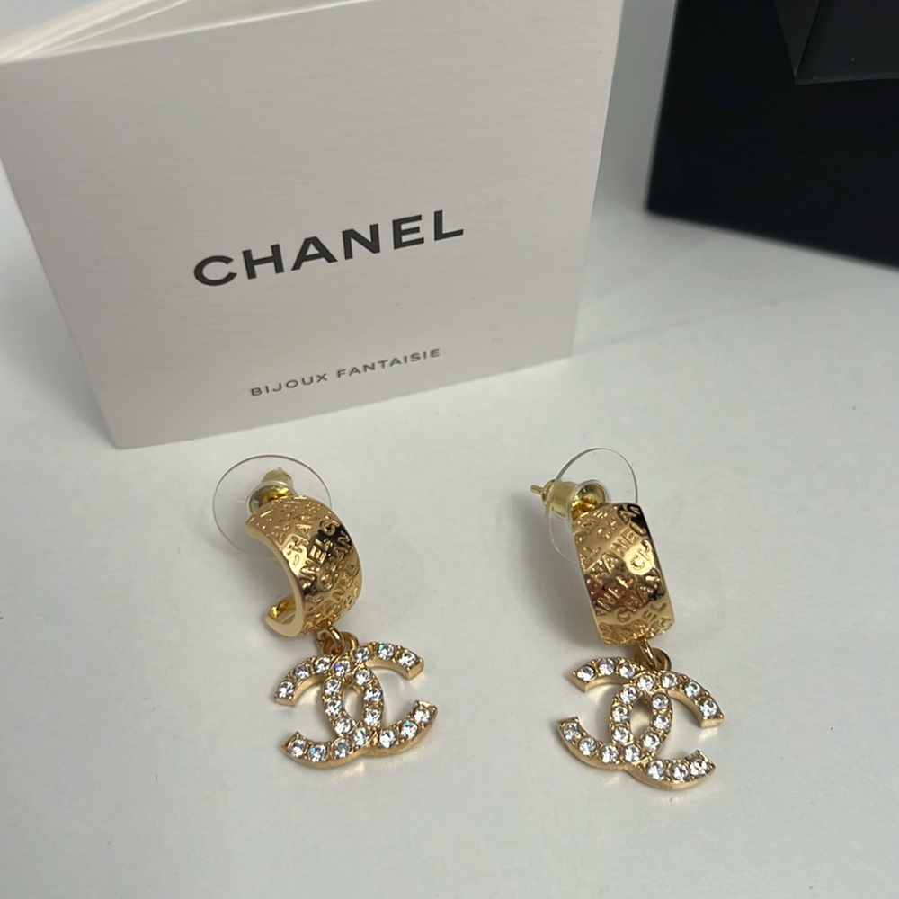 Chanel Earrings Gold Plated hoops with Crystal CCs Classic Look